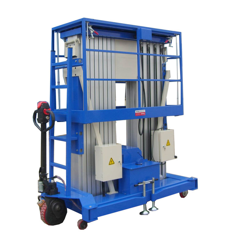 12 Meters Double Mast Mobile Aluminum Aerial Work Platform with 200Kg Loading Capacity and Motorized Device